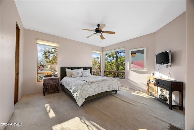 carpeted bedroom with multiple windows and ceiling fan