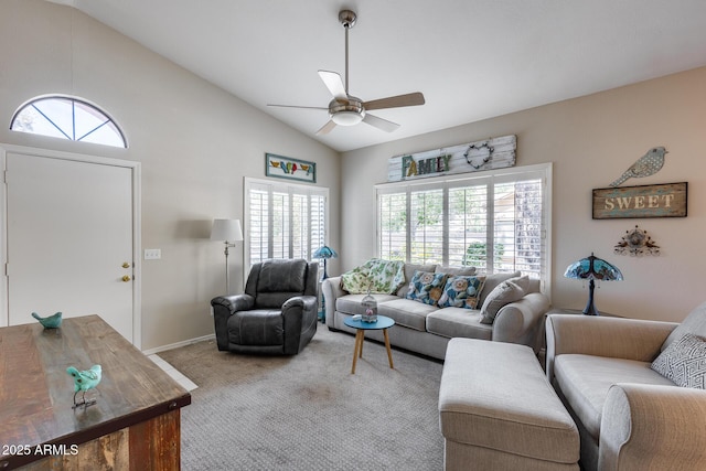 14300 W Bell Rd Unit 312, Surprise, AZ 85374 - living room with ceiling fan, vaulted ceiling, carpet, and baseboards