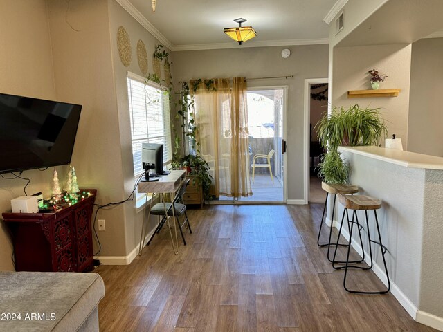 entryway featuring hardwood / wood-style floors, a healthy amount of sunlight, and ornamental molding