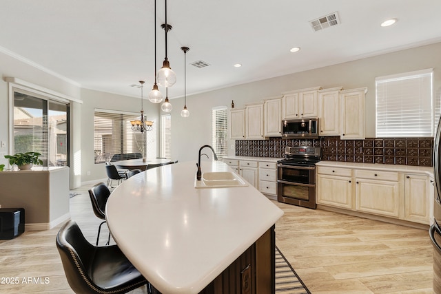 kitchen featuring a breakfast bar area, visible vents, a sink, appliances with stainless steel finishes, and tasteful backsplash