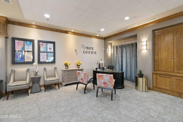 sitting room with recessed lighting, visible vents, and crown molding