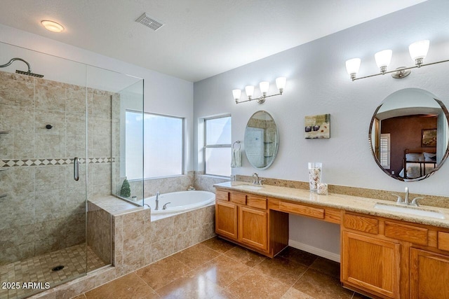 bathroom featuring independent shower and bath and vanity