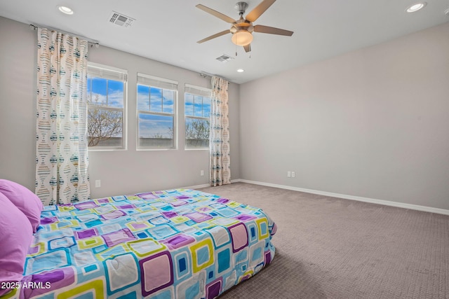 carpeted bedroom featuring visible vents, recessed lighting, a ceiling fan, and baseboards