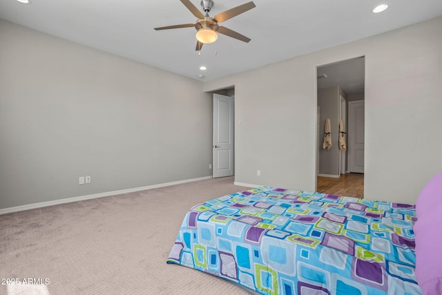 bedroom with recessed lighting, baseboards, carpet, and a ceiling fan