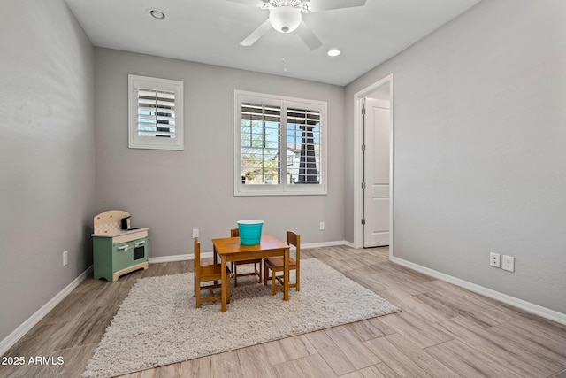 dining area featuring recessed lighting, baseboards, wood finished floors, and ceiling fan