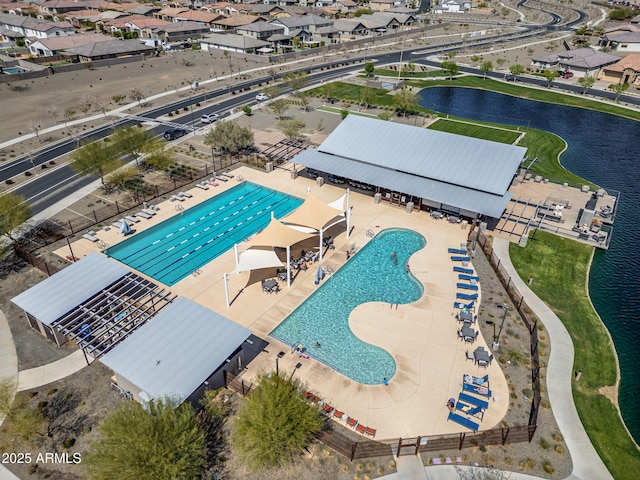 drone / aerial view featuring a water view