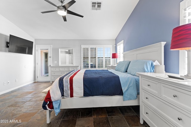 bedroom with visible vents, baseboards, lofted ceiling, ceiling fan, and stone finish floor