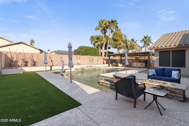view of patio / terrace with a fenced in pool, an outdoor living space with a fire pit, and a fenced backyard