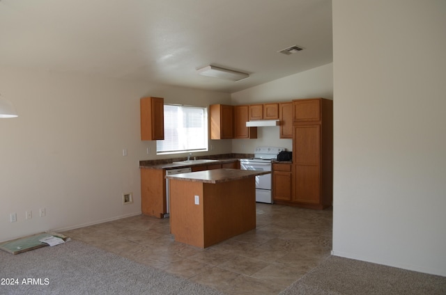 kitchen featuring sink, a center island, vaulted ceiling, stainless steel dishwasher, and white electric range