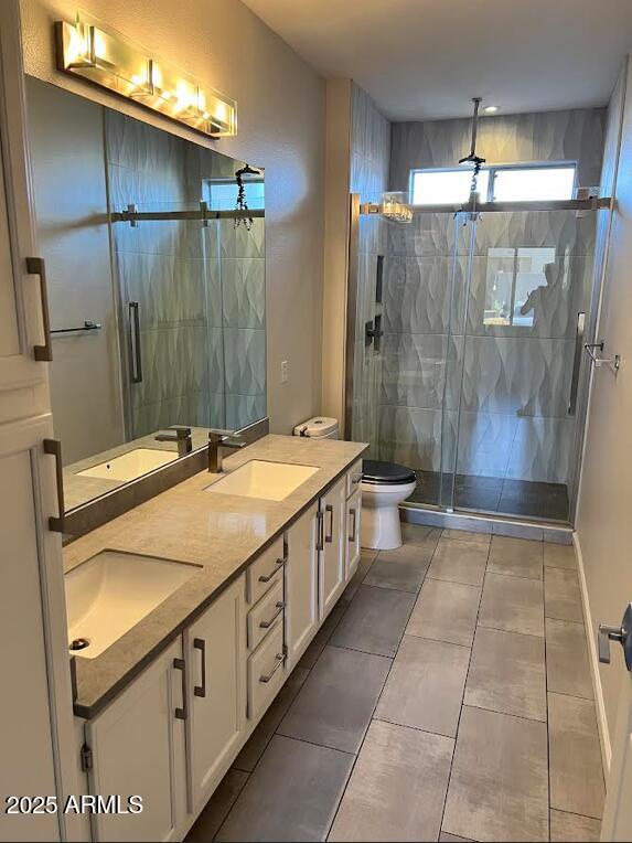 full bathroom featuring a sink, a shower stall, and double vanity