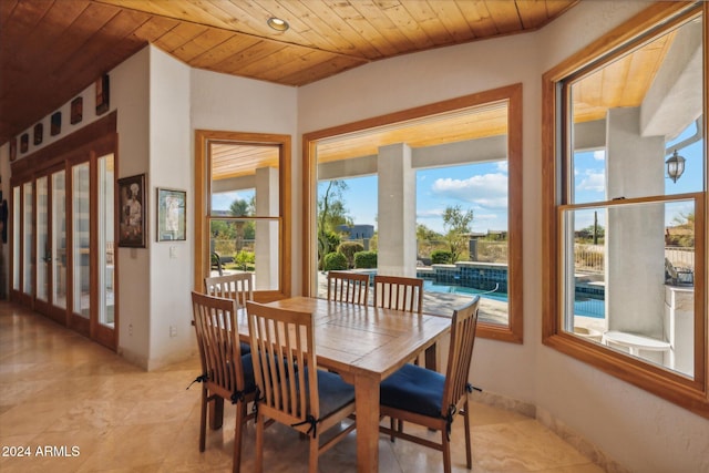 dining area featuring wood ceiling and a healthy amount of sunlight