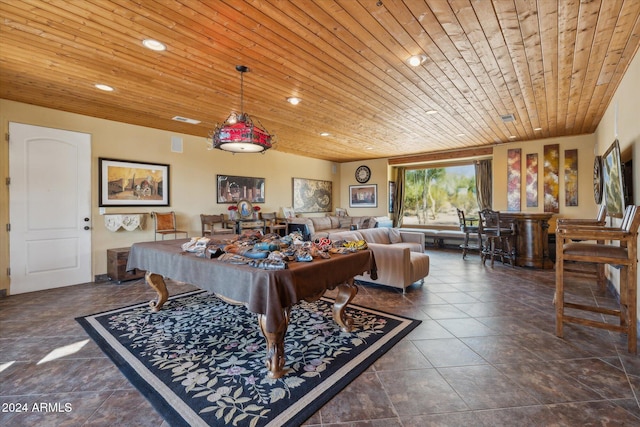 rec room featuring dark tile patterned floors, wood ceiling, and pool table