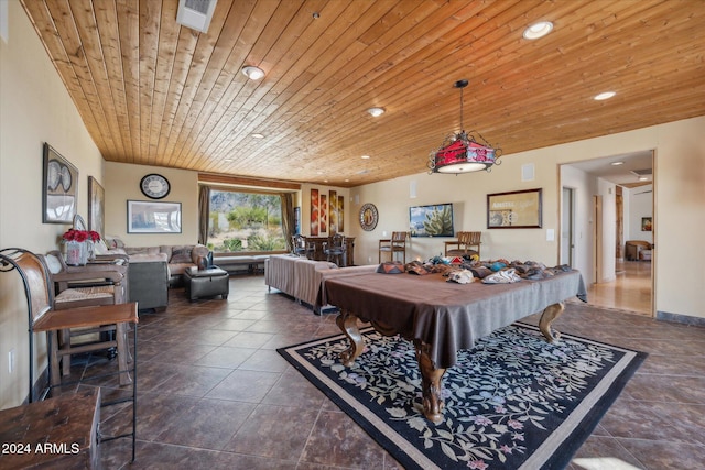 recreation room with dark tile patterned flooring, billiards, and wood ceiling