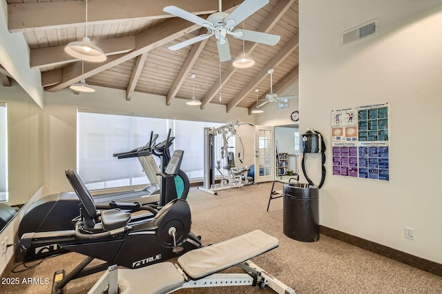 8653 E Royal Palm Rd Unit 1030, Scottsdale, AZ 85258 - workout room featuring wood ceiling, ceiling fan, carpet floors, and high vaulted ceiling
