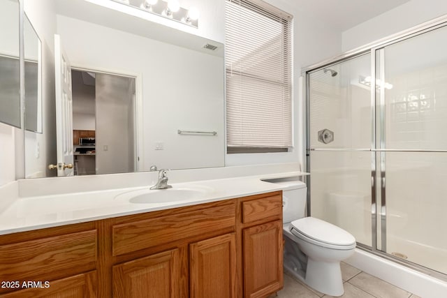 full bathroom featuring vanity, visible vents, a stall shower, tile patterned flooring, and toilet