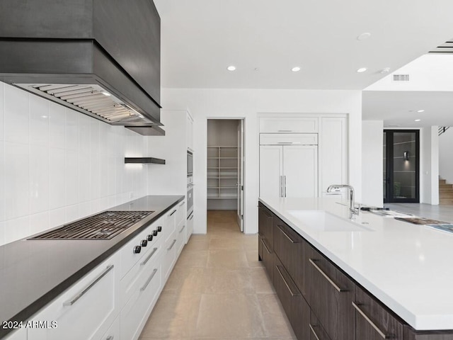 kitchen with appliances with stainless steel finishes, custom exhaust hood, dark brown cabinetry, sink, and white cabinets