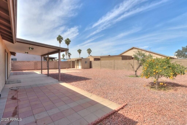 view of yard with an outbuilding, a patio, and a fenced backyard