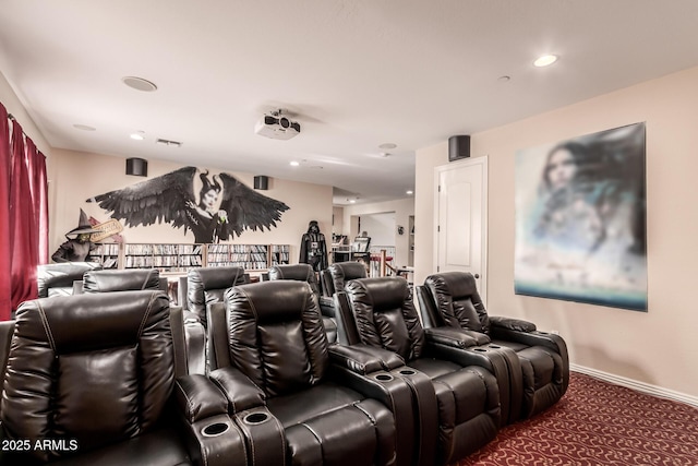 home theater room featuring carpet flooring