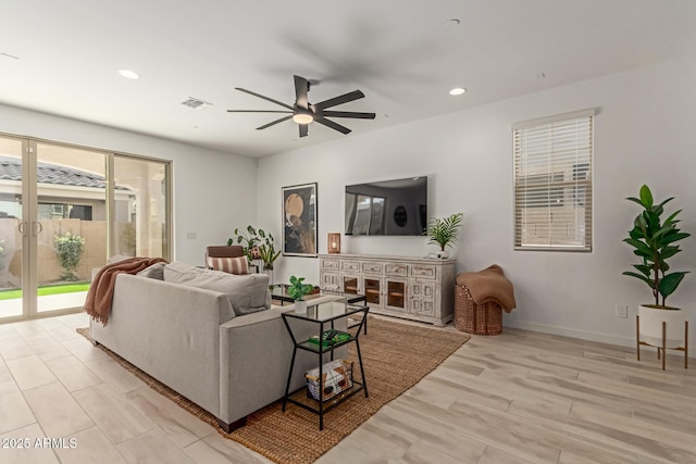 656 S Owl Dr, Gilbert, AZ 85296 - living area featuring a ceiling fan, recessed lighting, french doors, baseboards, and light wood-style flooring