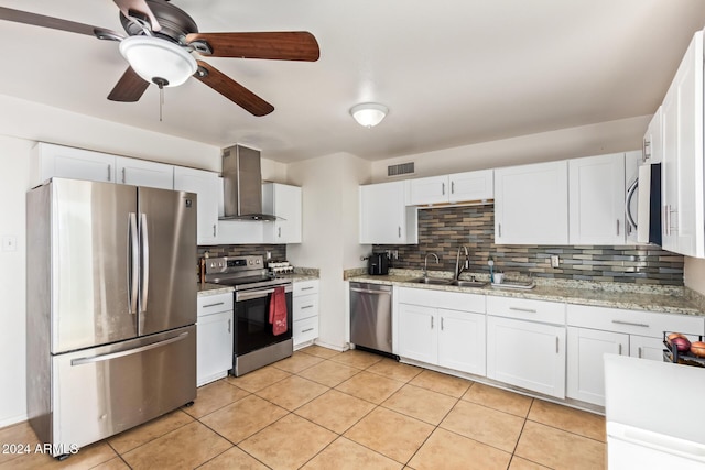 kitchen featuring white cabinetry, wall chimney range hood, and stainless steel appliances