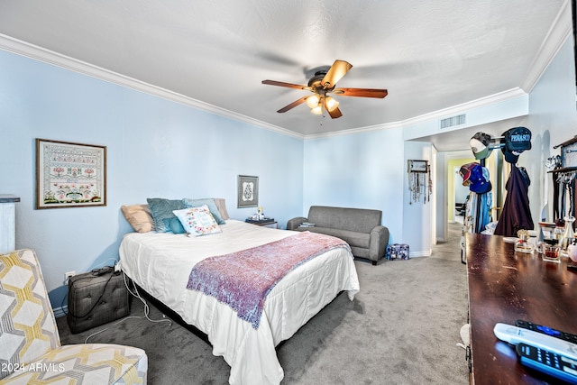 bedroom with carpet floors, crown molding, a textured ceiling, and ceiling fan