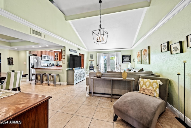 tiled living room with beamed ceiling, a notable chandelier, high vaulted ceiling, ornamental molding, and french doors