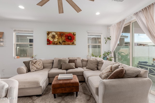 living room with ceiling fan