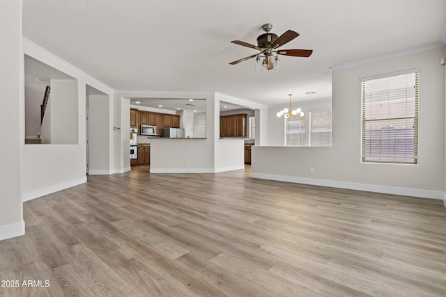 3575 E Gary Way, Gilbert, AZ 85234 - unfurnished living room featuring crown molding, a chandelier, a ceiling fan, light wood-type flooring, and recessed lighting