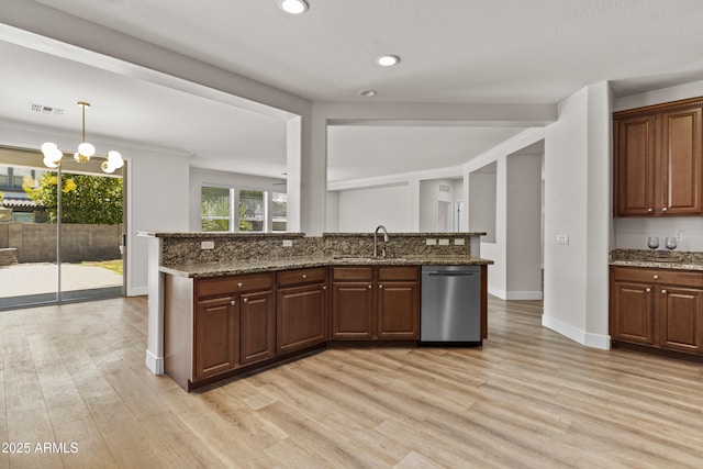 3575 E Gary Way, Gilbert, AZ 85234 - kitchen with dishwasher, light wood finished floors, stone countertops, a chandelier, and recessed lighting