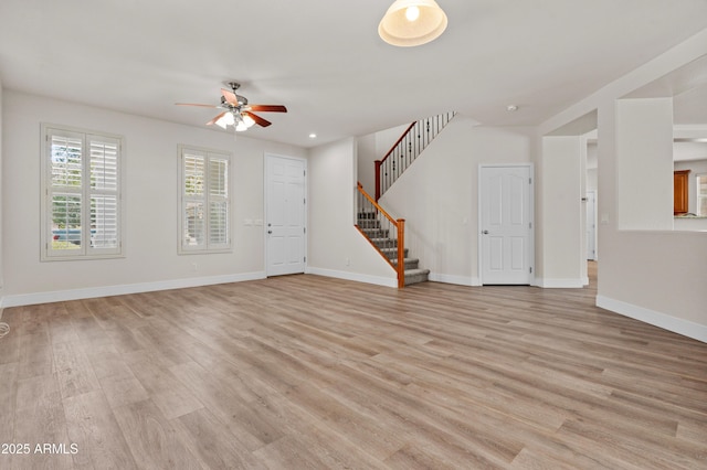 3575 E Gary Way, Gilbert, AZ 85234 - unfurnished living room with ceiling fan, light wood finished floors, stairway, and recessed lighting