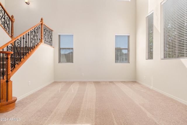 carpeted spare room with a high ceiling