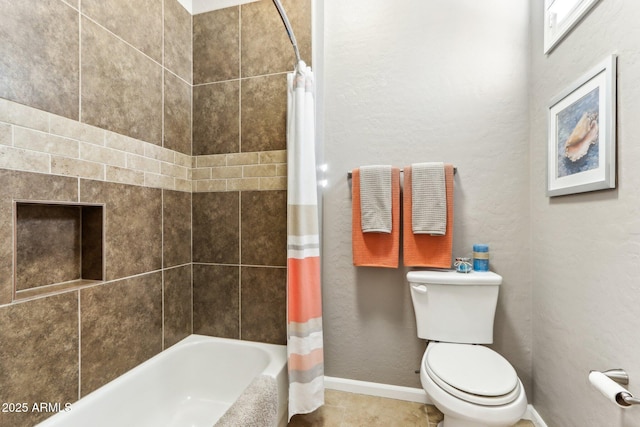 bathroom with toilet and shower / bathtub combination with curtain