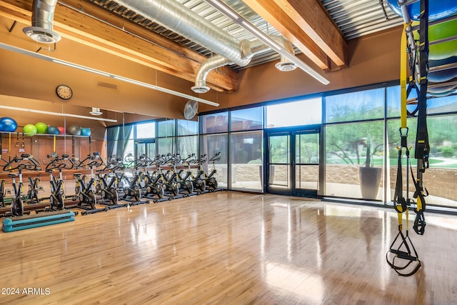 workout area with a wall of windows, a healthy amount of sunlight, a high ceiling, and hardwood / wood-style flooring