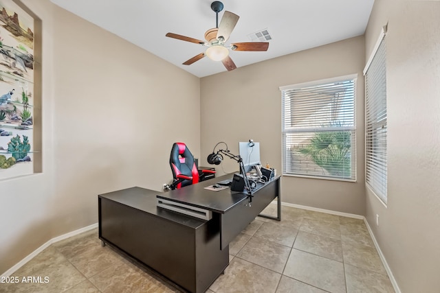 office area featuring ceiling fan and light tile patterned flooring