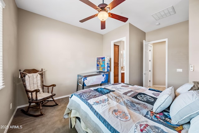 bedroom with ceiling fan and carpet