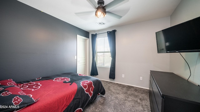 bedroom with ceiling fan and carpet floors