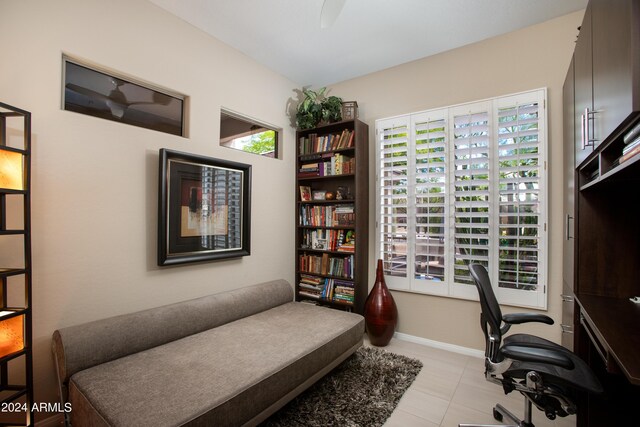 home office with light tile patterned floors