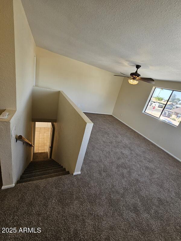 additional living space featuring a textured ceiling, ceiling fan, and carpet