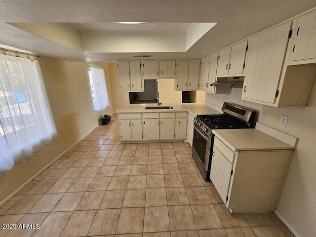 kitchen featuring stainless steel gas stove, under cabinet range hood, a raised ceiling, and a sink