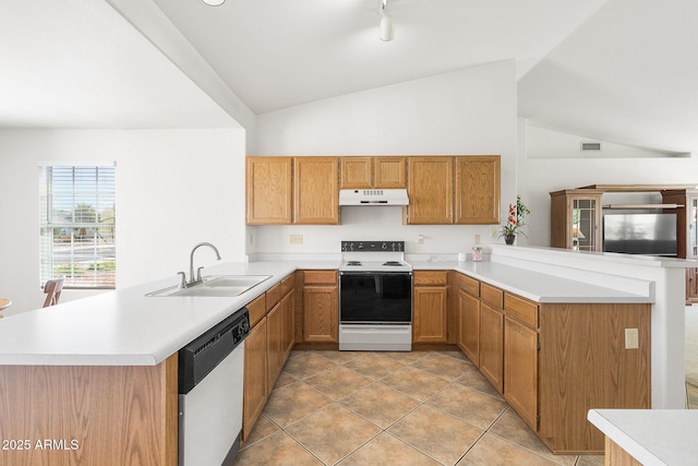 kitchen with electric range, dishwasher, a peninsula, a sink, and high vaulted ceiling