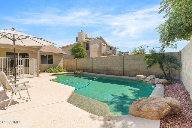 view of pool featuring a fenced backyard and a patio