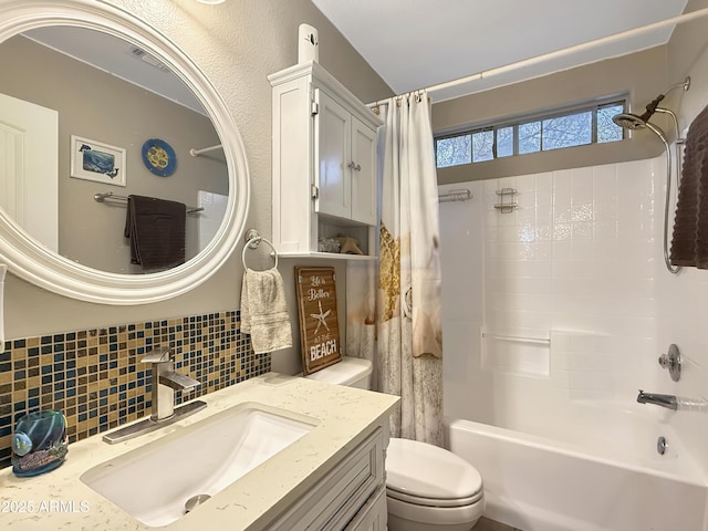 full bathroom with toilet, shower / tub combo, vanity, and decorative backsplash