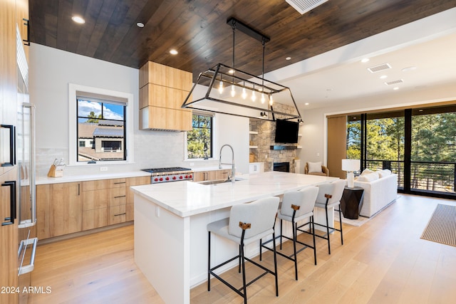 kitchen featuring light stone counters, sink, a large island with sink, and light hardwood / wood-style flooring