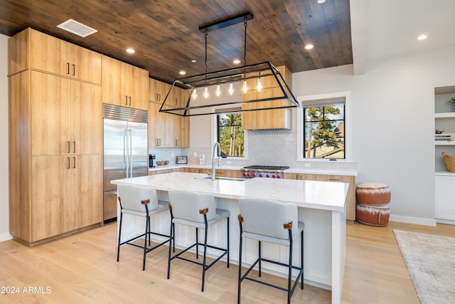 kitchen with light wood-type flooring, stainless steel appliances, sink, wooden ceiling, and an island with sink