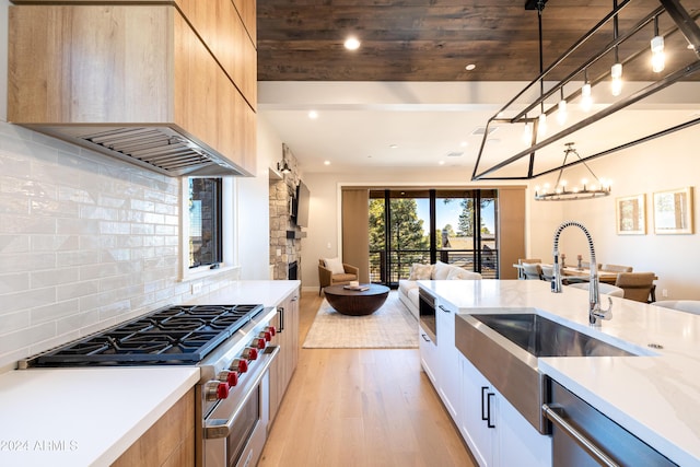 kitchen featuring light hardwood / wood-style floors, extractor fan, decorative light fixtures, decorative backsplash, and appliances with stainless steel finishes