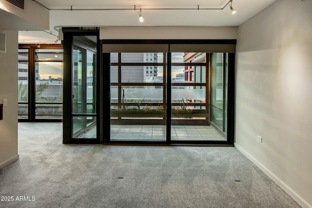 spare room featuring carpet floors and rail lighting