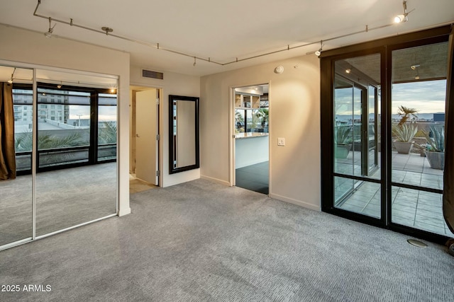 empty room with carpet and rail lighting