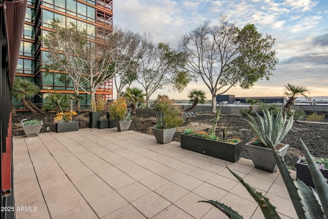 view of patio terrace at dusk