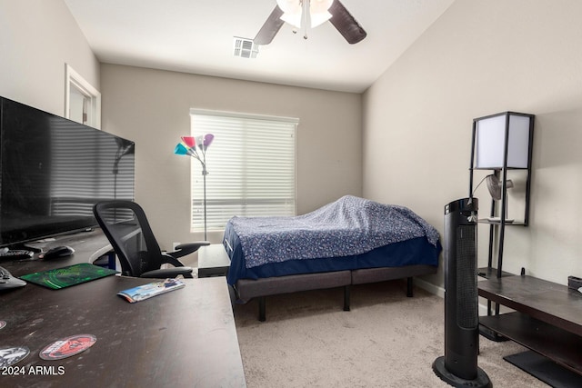 carpeted bedroom featuring ceiling fan