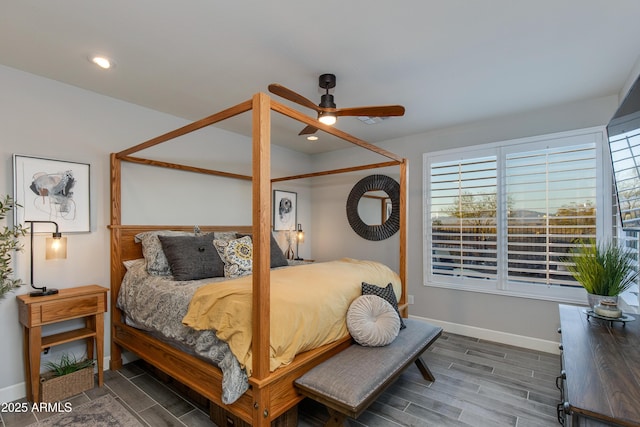 bedroom featuring wood finish floors, baseboards, a ceiling fan, and recessed lighting